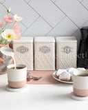 Load image into Gallery viewer, Cris Cross Embossed Canister Set of Three Sugar, Tea and Coffee