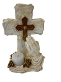 Load image into Gallery viewer, Sacred Light: Cross with Praying Hands &amp; Tealight Religious Keepsake