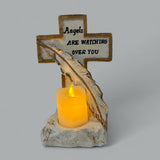 Load image into Gallery viewer, Heavenly Protection: “Angels Are Watching Over You” Cross With Light Up Candle &amp; Feathers Religious Keepsake.