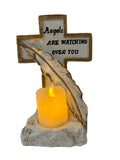 Load image into Gallery viewer, Heavenly Protection: “Angels Are Watching Over You” Cross With Light Up Candle &amp; Feathers Religious Keepsake.