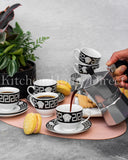 Load image into Gallery viewer, Elegant Sips: La Medusa Silver &amp; Black 12pc Espresso Coffee Cup and Saucer Set 80ml