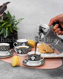 Load image into Gallery viewer, Elegant Sips: La Medusa Silver &amp; Black 12pc Espresso Coffee Cup and Saucer Set 80ml