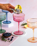 Load image into Gallery viewer, Classic Multi-Colored Coupe Champagne Glasses Set of 4 with Gold Rim