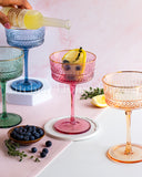 Load image into Gallery viewer, Classic Multi-Colored Coupe Champagne Glasses Set of 4 with Gold Rim